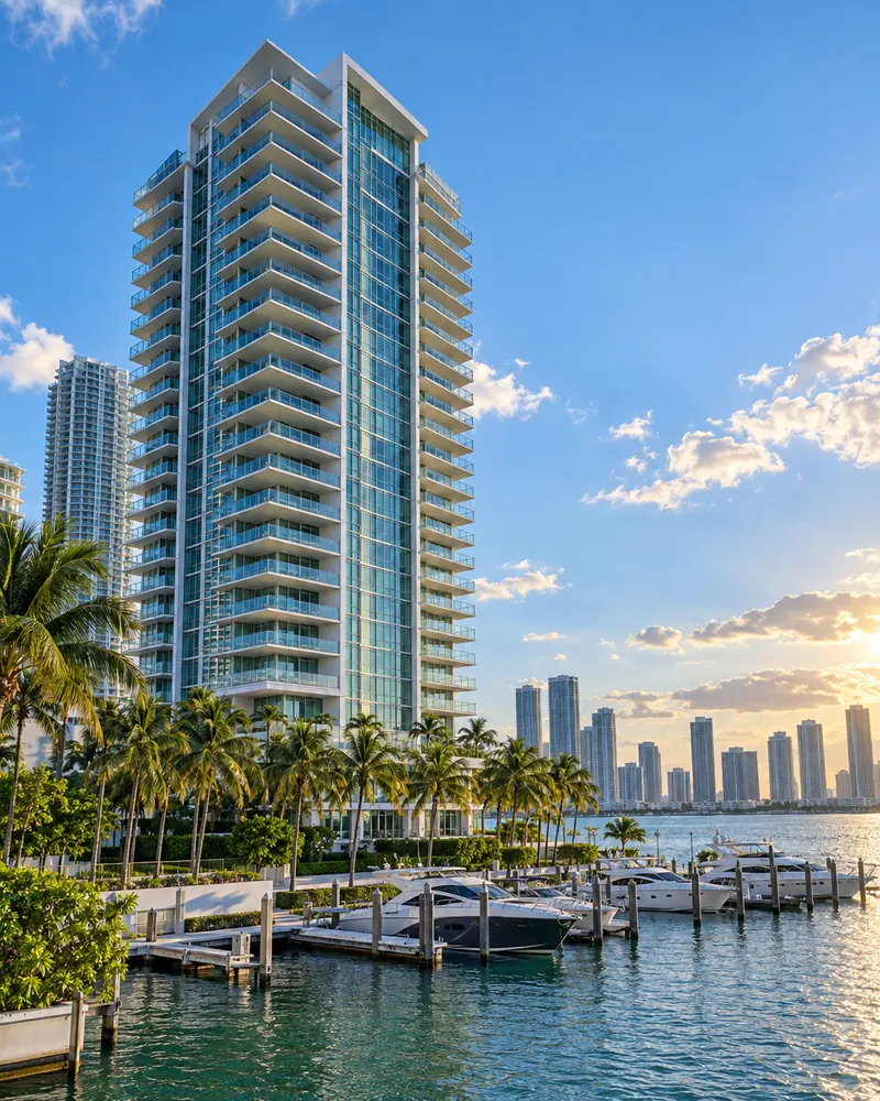 Modern condo tower on the bay with a marina in front