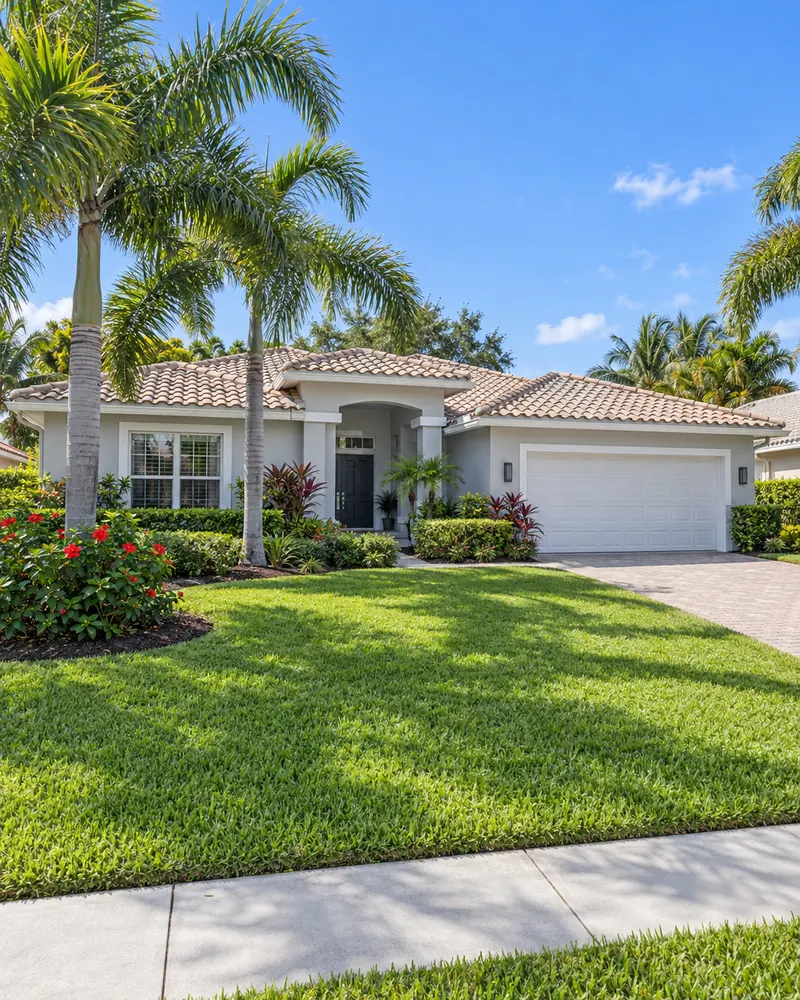 Single-story Florida home with a tile roof, lawn and palm trees
