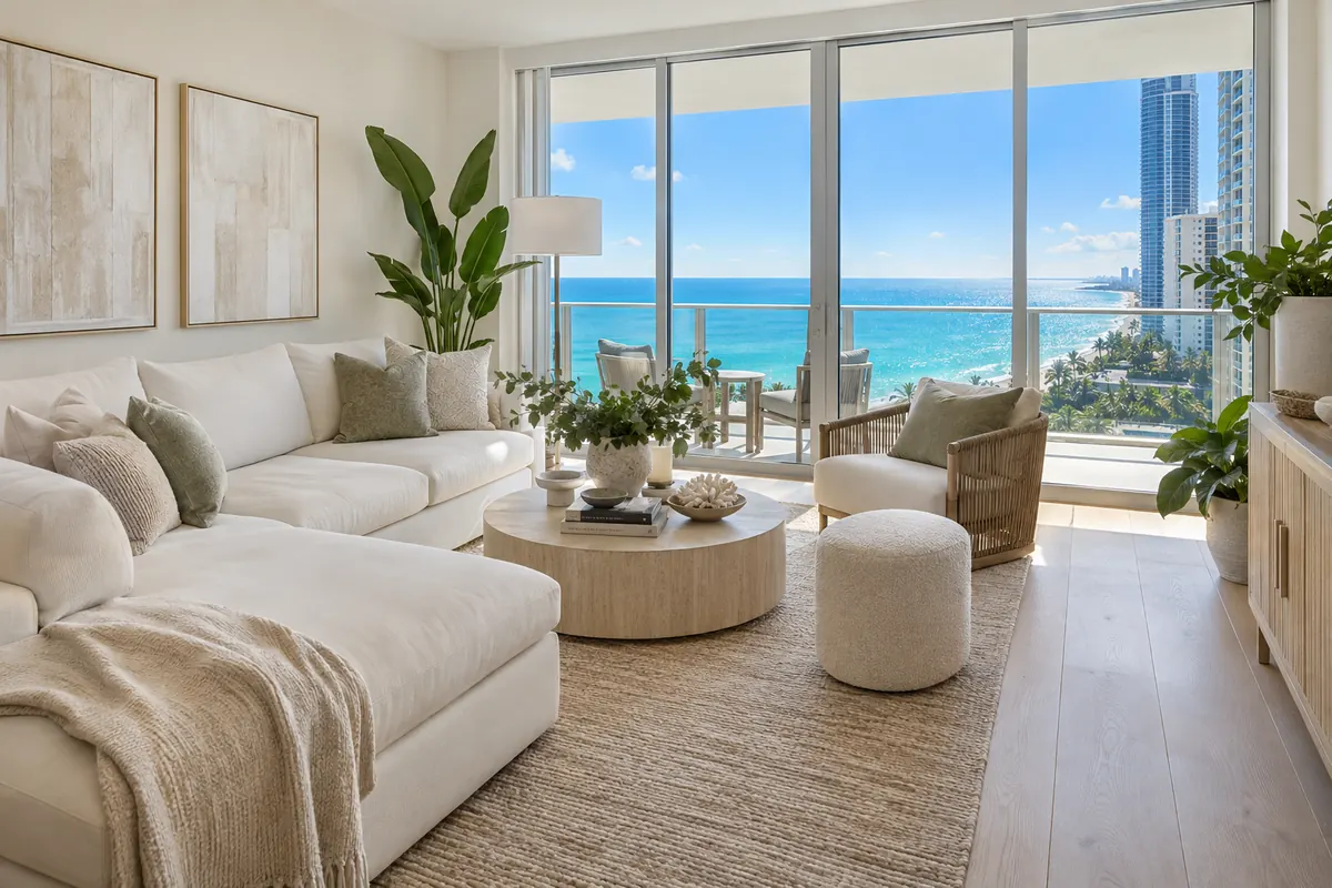 Staged condo living room with an ocean view