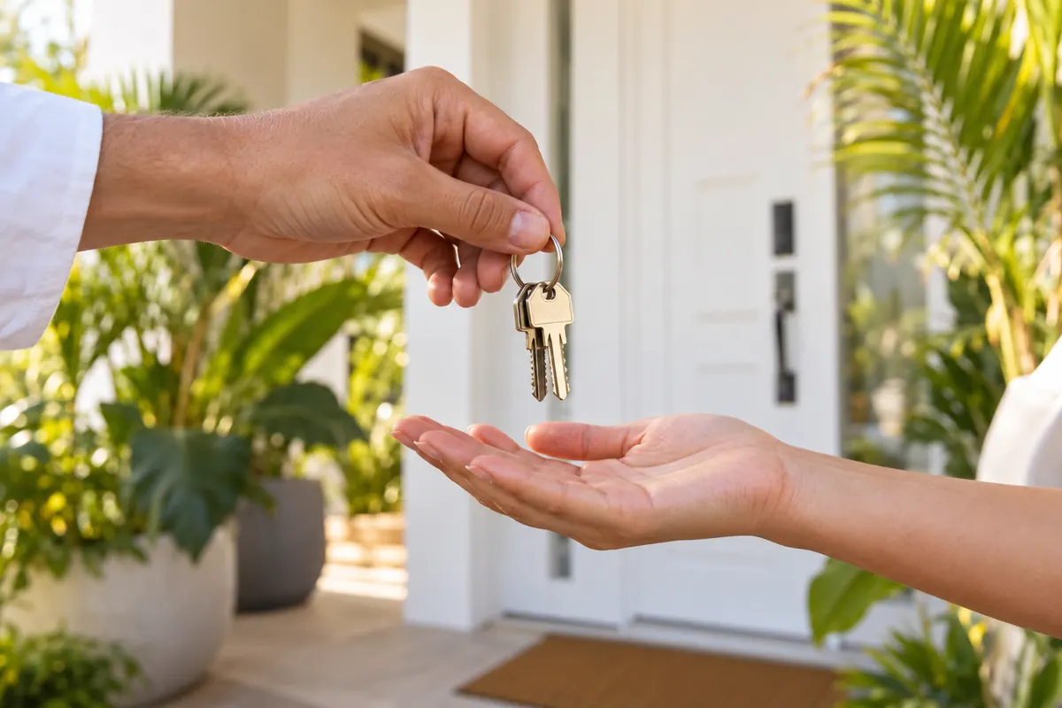 House keys being handed over at a white front door