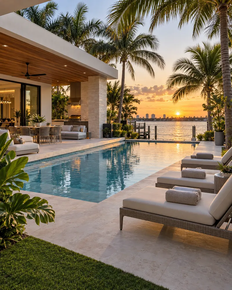 Backyard pool and covered patio with a water view at sunset